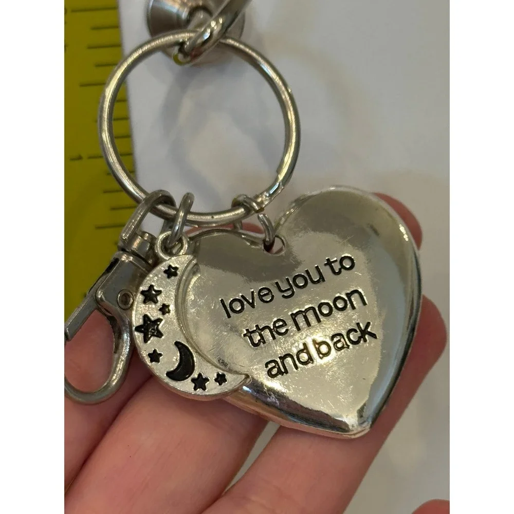 Love You to the Moon and Back Silver Heart Crescent Moon Star Charm Keychain